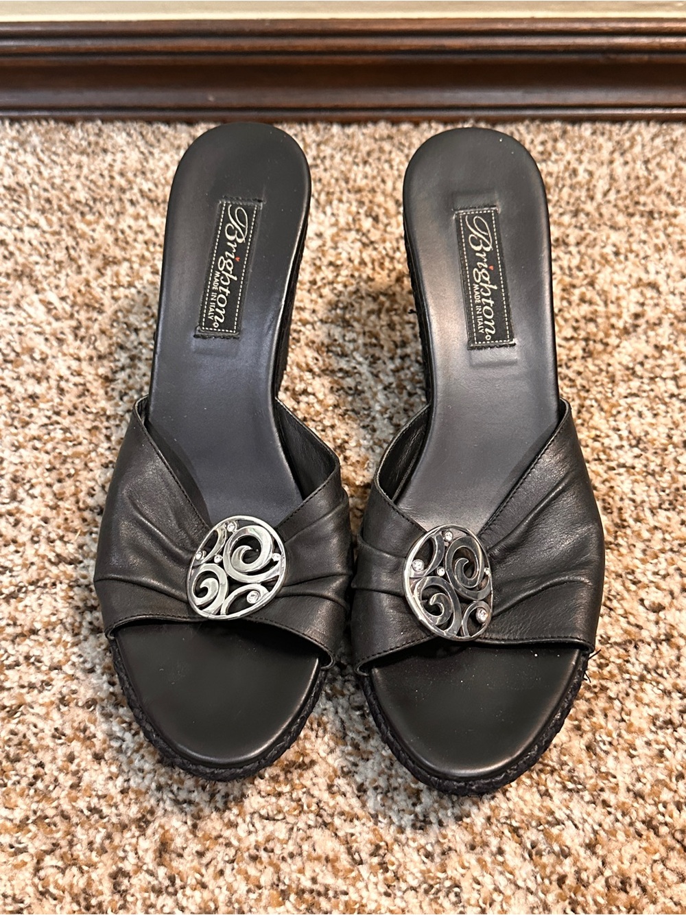 Brighton Black Leather Slide Mules with Silver Swirl Accent 7.5